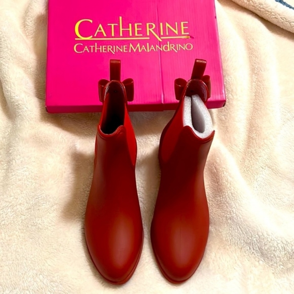 Catherine Malandrino Briellie Bow Chelsea Rain Boots Red Booties Size 39 Eur - Picture 11 of 13